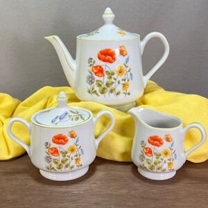 Vintage Japan Porcelain Mid-Century Poppy Floral Butterfly Tea Service Cottage